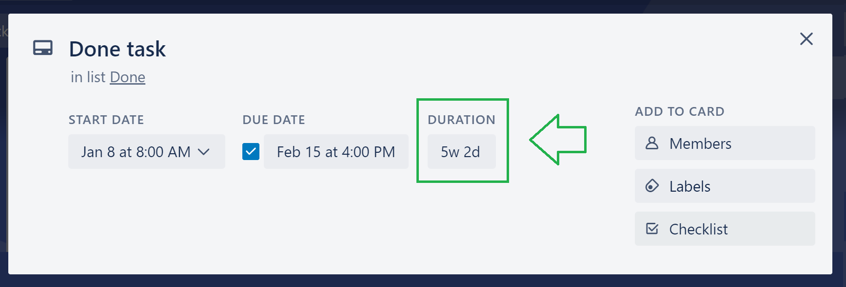 Duration of a task shown in Trello