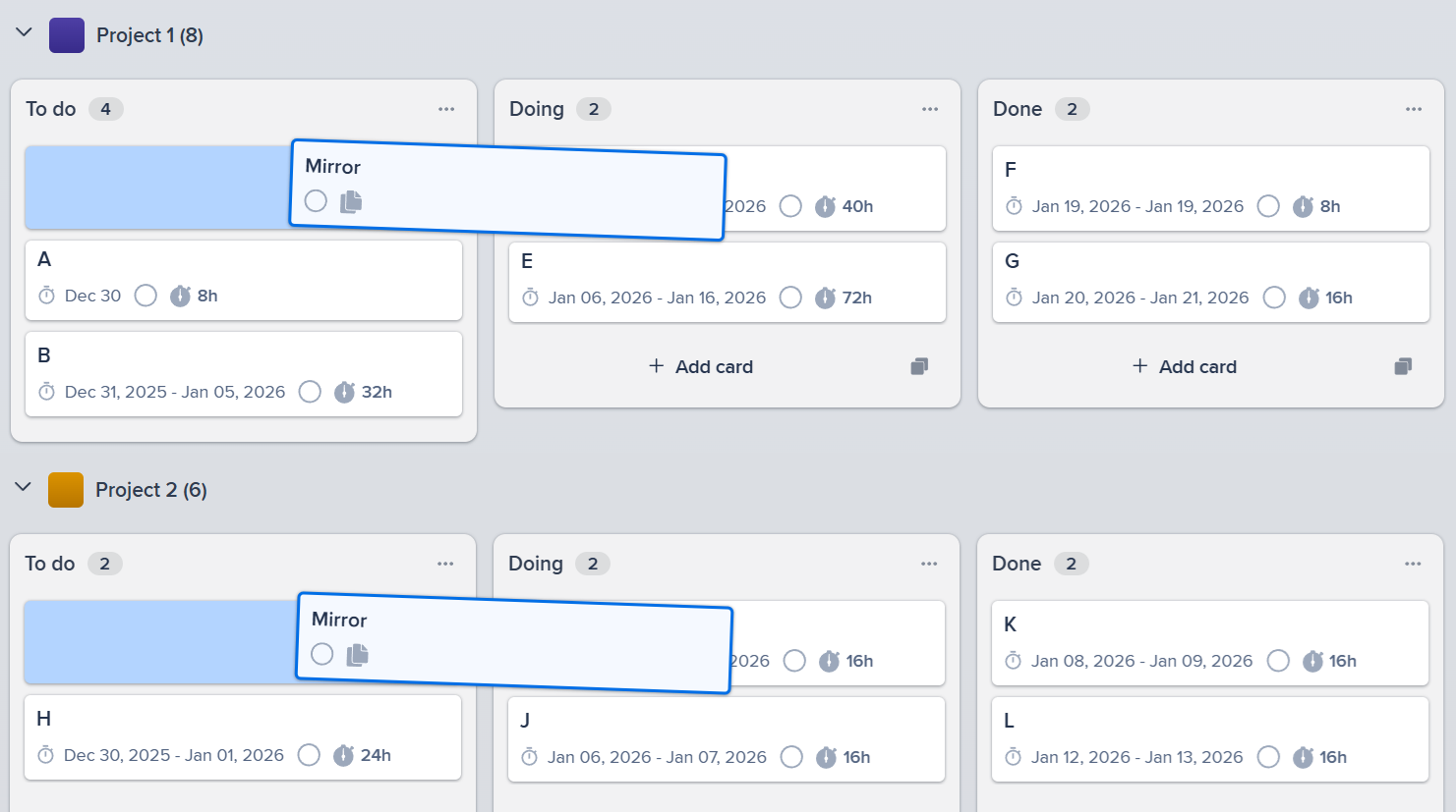 Screenshot displaying multiple team boards with the same mirrored cards, showing cross-team visibility and synchronized collaboration
