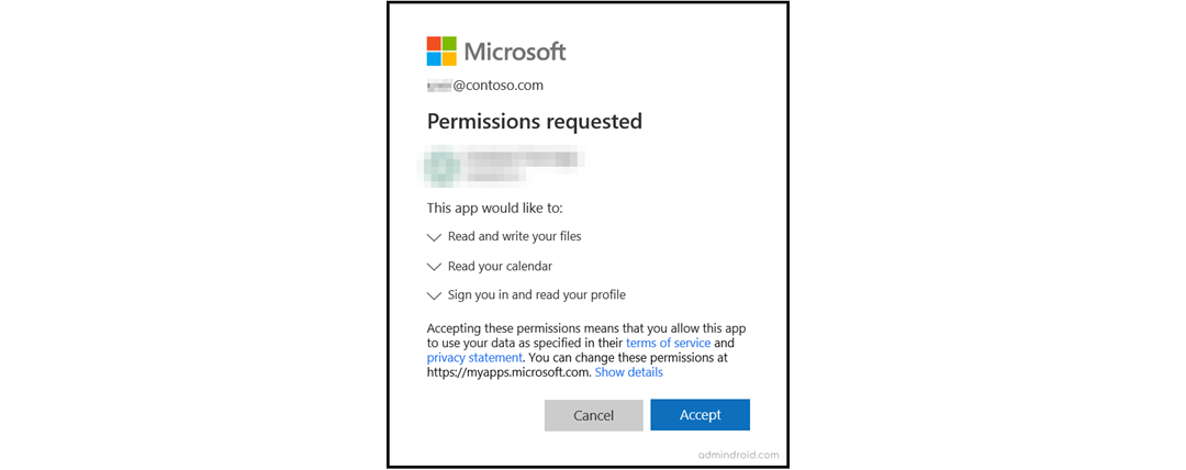 The Microsoft "Permissions requested" admin consent dialog, listing the access the app asks for with Cancel and Accept buttons.