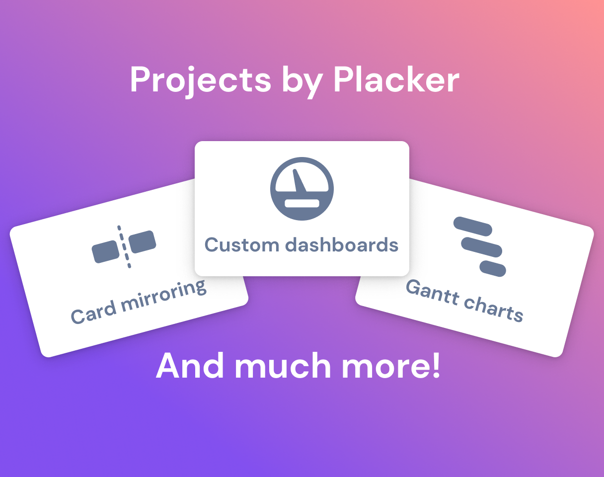Screenshot displaying Projects power-up features: Gantt charts, live reports, card syncing, and board organization in one interface