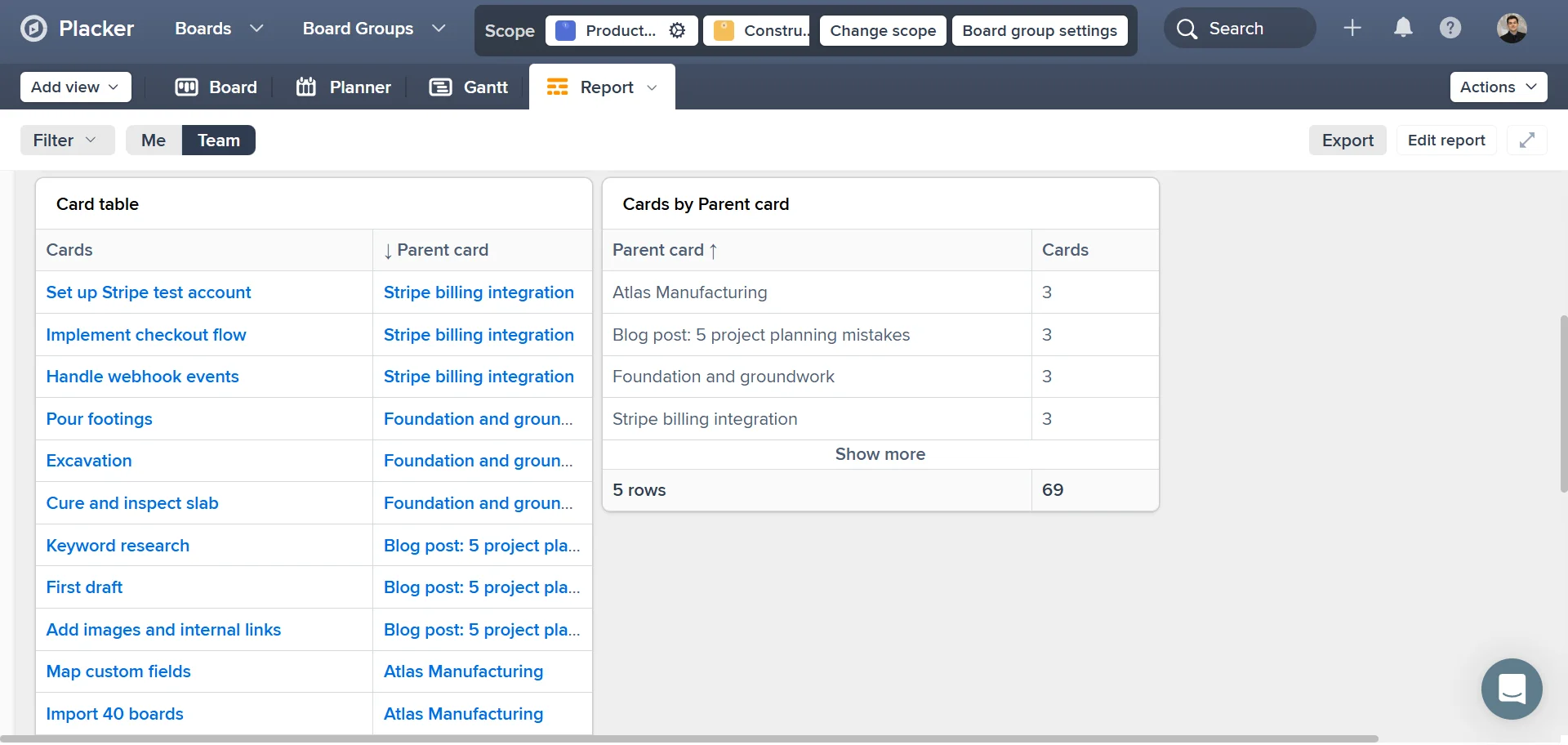 A Placker timeline over Microsoft Planner with parent tasks and rolled-up dates.